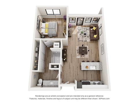 A 3D floor plan of a small apartment with two bedrooms and a living area.